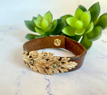 Load image into Gallery viewer, Gold Bronze Leaf, Vintage Leather With Green Tourmaline Cuff Bracelet
