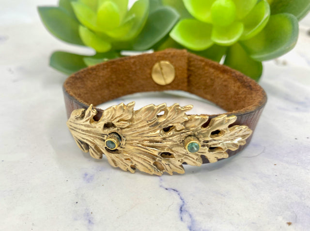 Gold Bronze Leaf, Vintage Leather With Green Tourmaline Cuff Bracelet