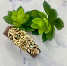 Load image into Gallery viewer, Gold Bronze Leaf, Vintage Leather With Green Tourmaline Cuff Bracelet
