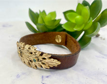 Load image into Gallery viewer, Gold Bronze Leaf, Vintage Leather With Green Tourmaline Cuff Bracelet
