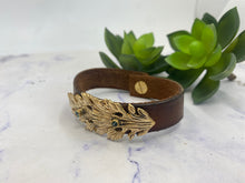 Load image into Gallery viewer, Gold Bronze Leaf, Vintage Leather With Green Tourmaline Cuff Bracelet
