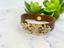 Load image into Gallery viewer, Gold Bronze Leaf, Vintage Leather With Green Tourmaline Cuff Bracelet
