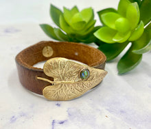 Load image into Gallery viewer, Gold Bronze Leaf On Vintage Leather With Paua Shell Cuff Bracelet
