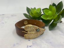 Load image into Gallery viewer, Gold Bronze Leaf On Vintage Leather With Paua Shell Cuff Bracelet
