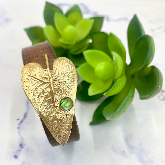 Gold Bronze Leaf On Vintage Leather With Paua Shell Cuff Bracelet
