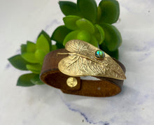 Load image into Gallery viewer, Gold Bronze Leaf On Vintage Leather With Paua Shell Cuff Bracelet
