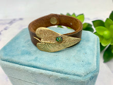 Load image into Gallery viewer, Gold Bronze Leaf On Vintage Leather With Paua Shell Cuff Bracelet
