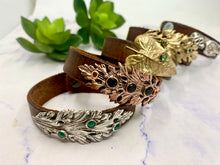 Load image into Gallery viewer, Gold Bronze Leaf On Vintage Leather With Paua Shell Cuff Bracelet
