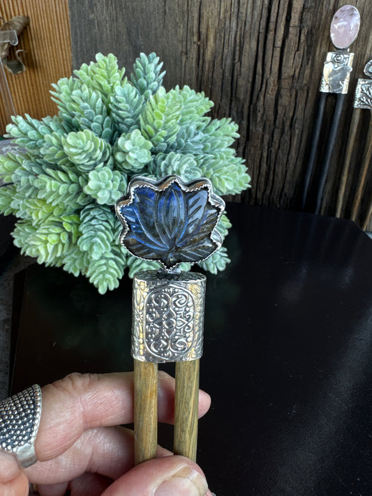 Carved Lotus Flower Labradorite Hair Stick