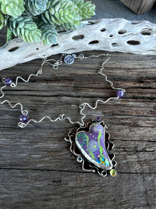 Color My World Necklace - Sterling Silver Lampwork Glass Heart With Peridot And Amethyst