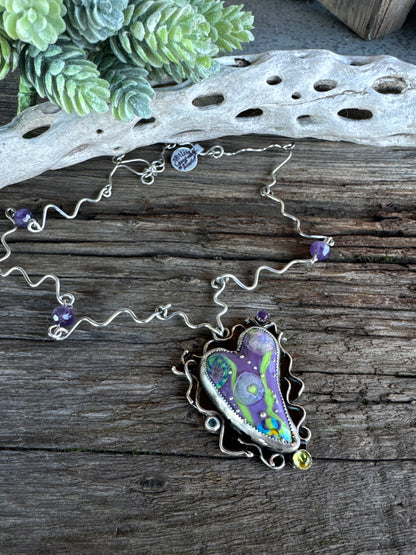 Color My World Necklace - Sterling Silver Lampwork Glass Heart With Peridot And Amethyst