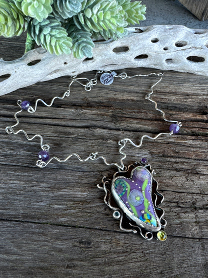 Color My World Necklace - Sterling Silver Lampwork Glass Heart With Peridot And Amethyst
