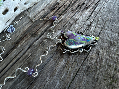 Color My World Necklace - Sterling Silver Lampwork Glass Heart With Peridot And Amethyst