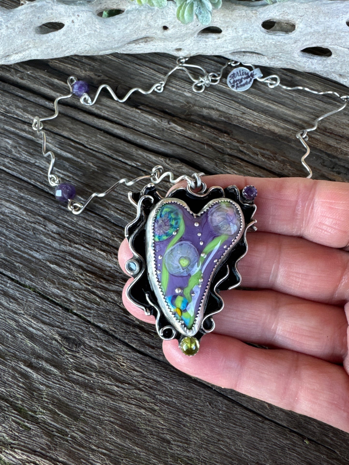 Color My World Necklace - Sterling Silver Lampwork Glass Heart With Peridot And Amethyst