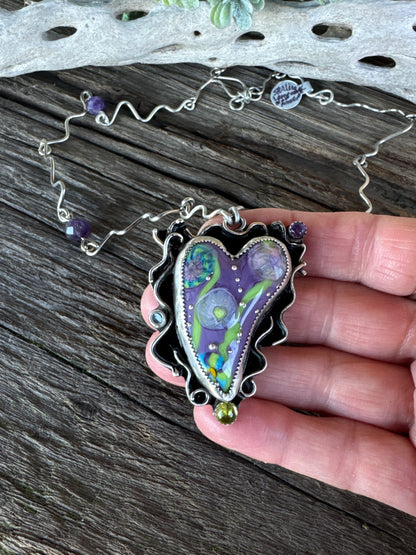 Color My World Necklace - Sterling Silver Lampwork Glass Heart With Peridot And Amethyst