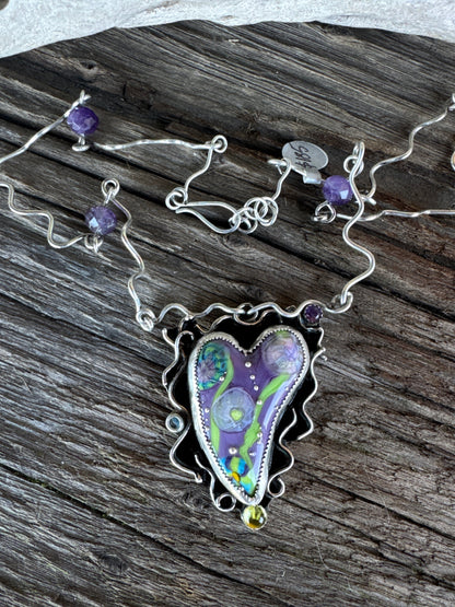 Color My World Necklace - Sterling Silver Lampwork Glass Heart With Peridot And Amethyst