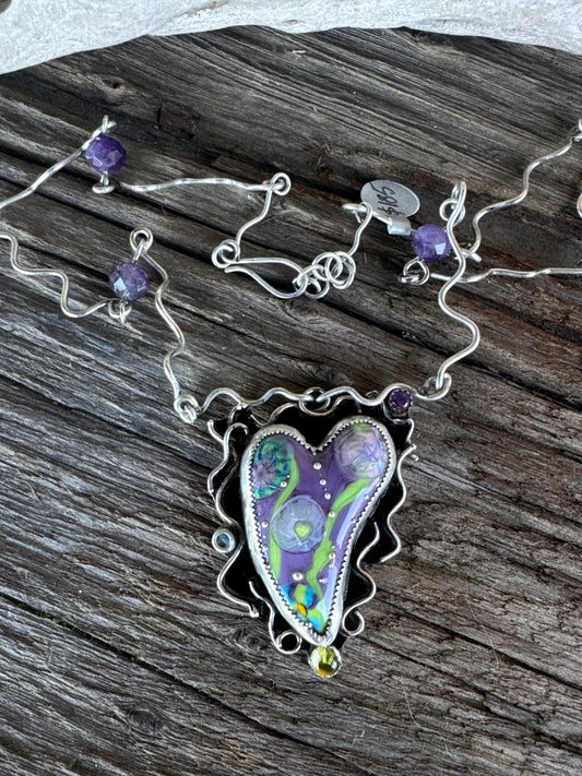 Color My World Necklace - Sterling Silver Lampwork Glass Heart With Peridot And Amethyst