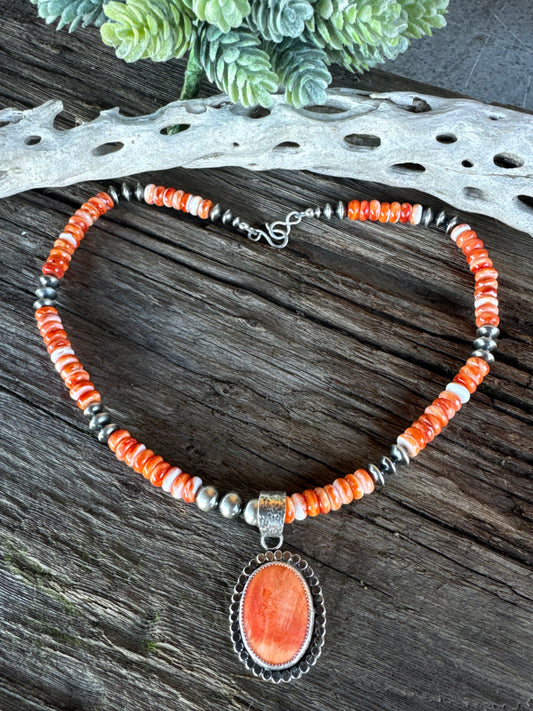 Desert Sunset Necklace - Sterling Silver And Spiney Oyster Oyster Shell Navajo Pearls