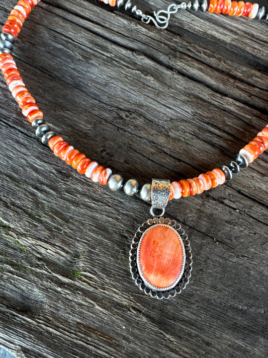 Desert Sunset Necklace - Sterling Silver And Spiney Oyster Oyster Shell Navajo Pearls