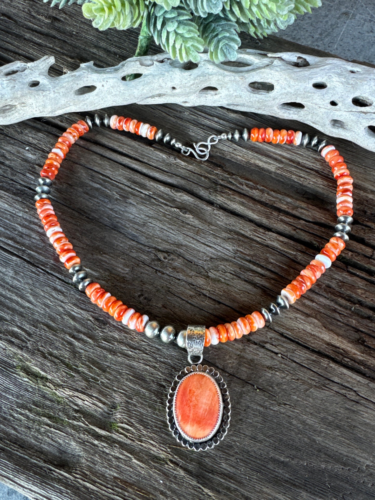 Desert Sunset Necklace - Sterling Silver And Spiney Oyster Oyster Shell Navajo Pearls