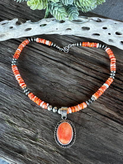 Desert Sunset Necklace - Sterling Silver And Spiney Oyster Oyster Shell Navajo Pearls