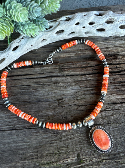 Desert Sunset Necklace - Sterling Silver And Spiney Oyster Oyster Shell Navajo Pearls