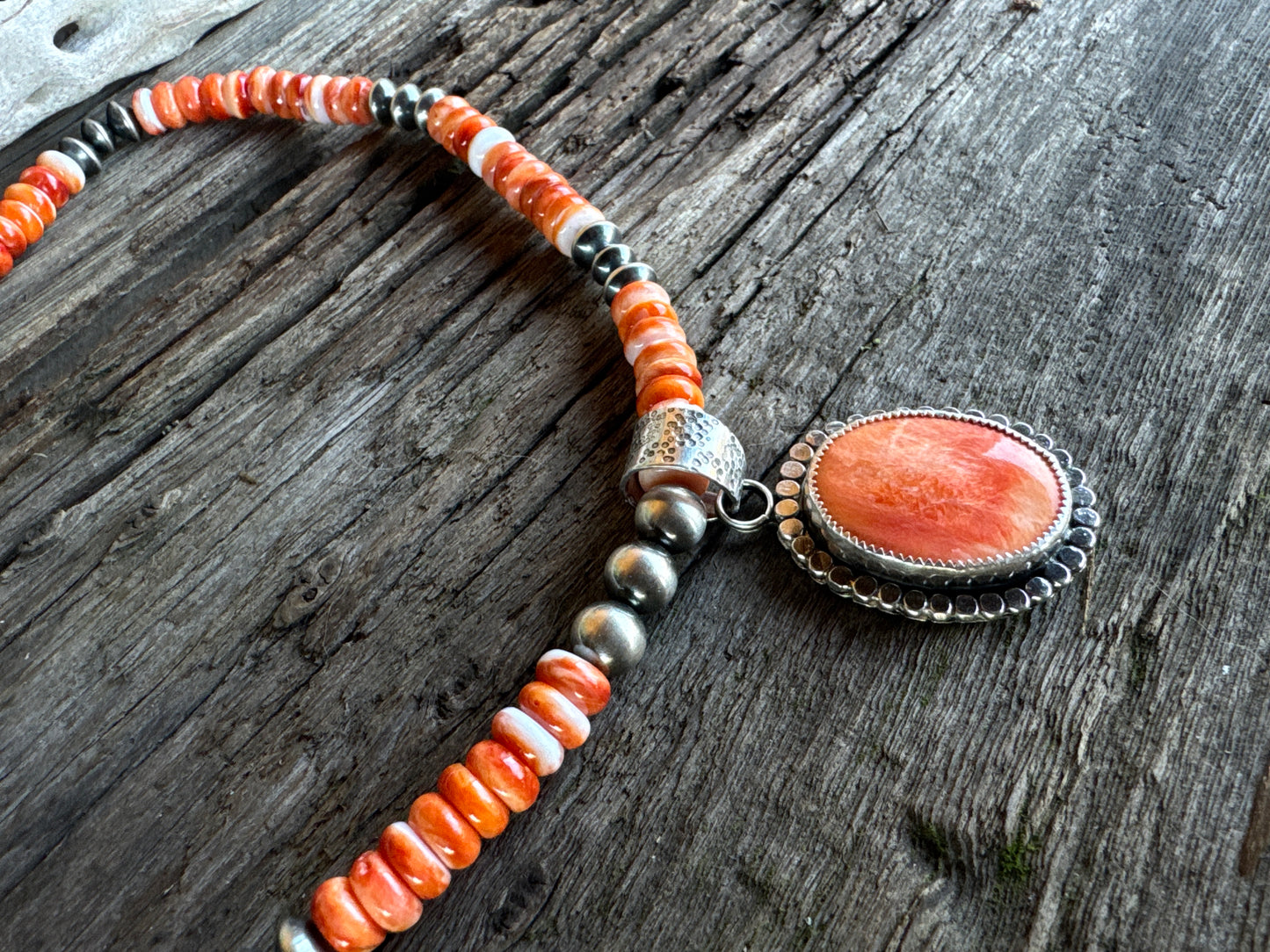 Desert Sunset Necklace - Sterling Silver And Spiney Oyster Oyster Shell Navajo Pearls