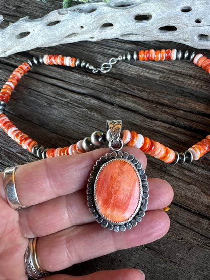 Desert Sunset Necklace - Sterling Silver And Spiney Oyster Oyster Shell Navajo Pearls