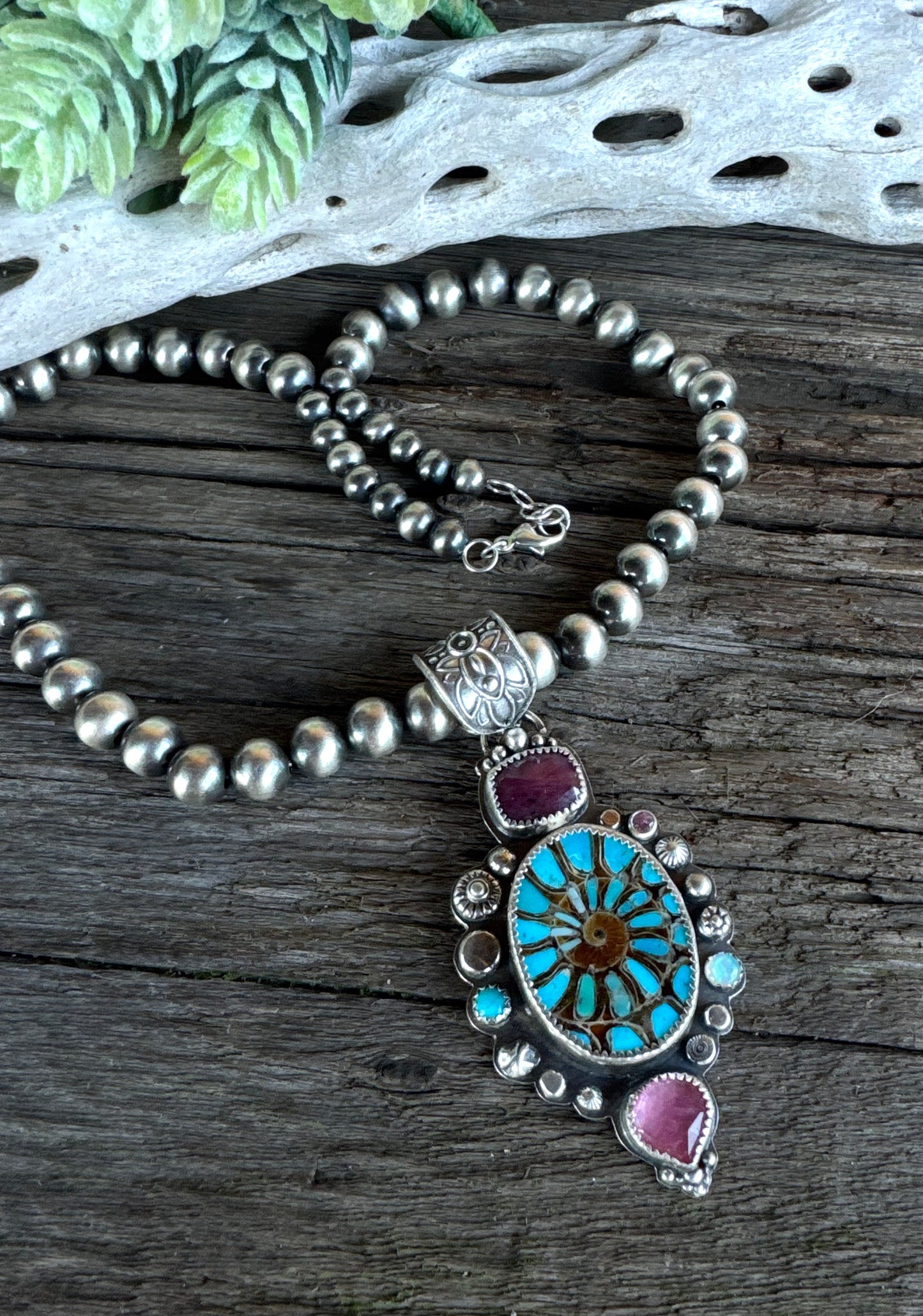 Desert Bloom Necklace - Turquoise Inlay Ammonite Sterling Silver With Sapphires Opal Kunzite Navajo Pearl