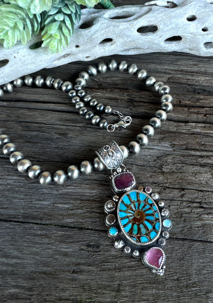 Desert Bloom Necklace - Turquoise Inlay Ammonite Sterling Silver With Sapphires Opal Kunzite Navajo Pearl
