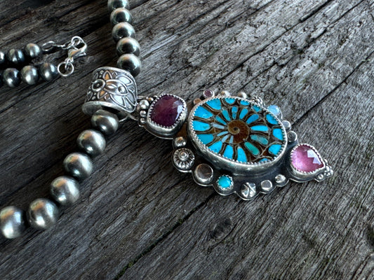 Desert Bloom Necklace - Turquoise Inlay Ammonite Sterling Silver With Sapphires Opal Kunzite Navajo Pearl