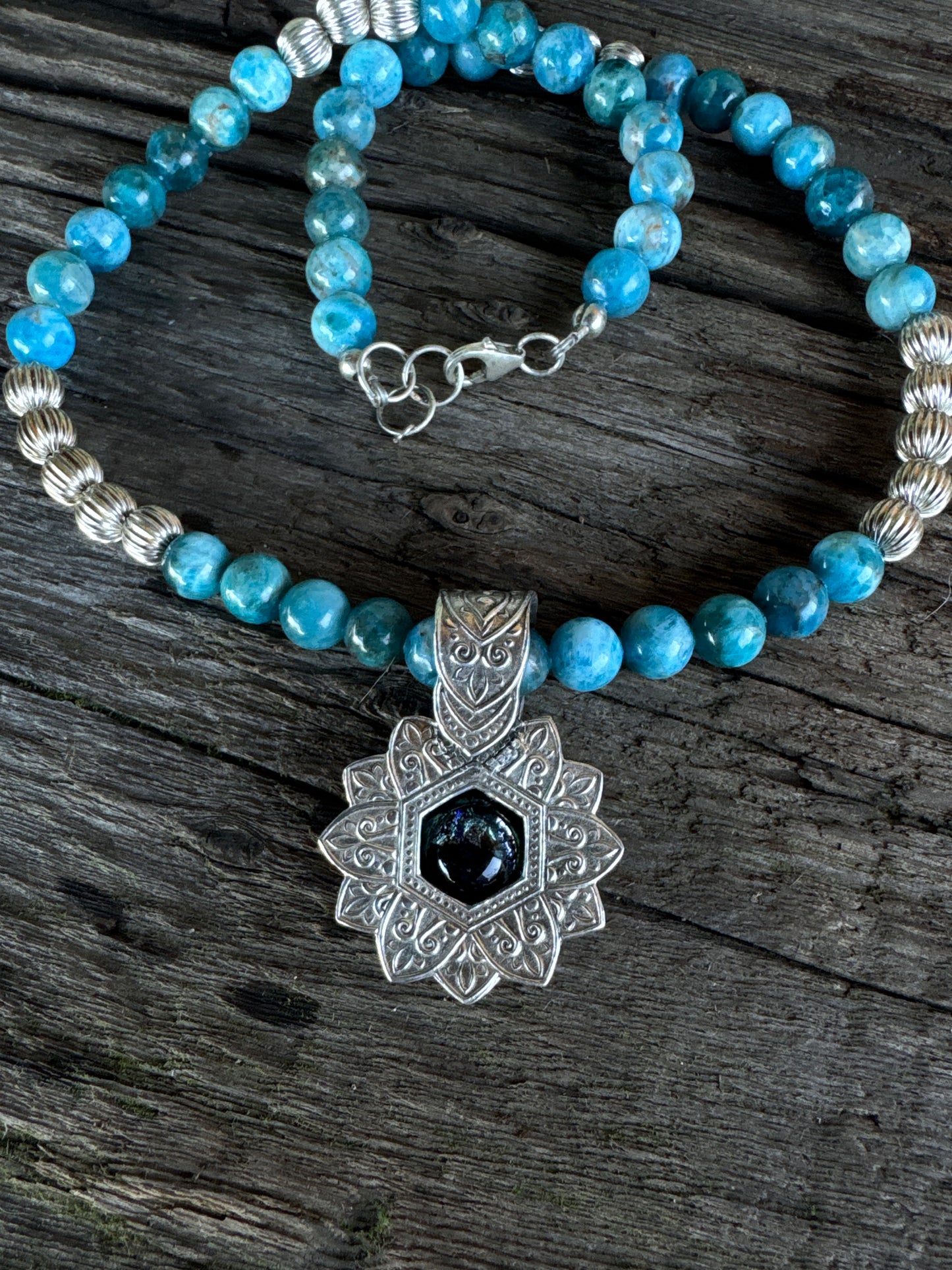 Into The Deep Necklace - Dichroic Glass Sterling Silver Shadow Box Pendant With Appetite And Sterling Silver Beaded Chain