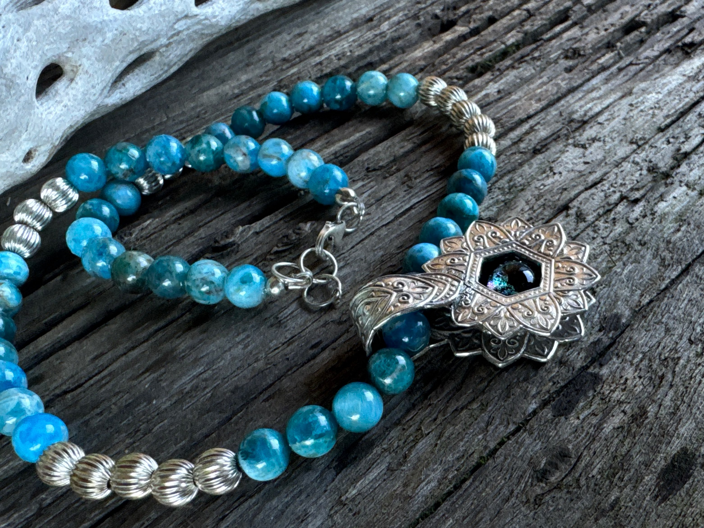 Into The Deep Necklace - Dichroic Glass Sterling Silver Shadow Box Pendant With Appetite And Sterling Silver Beaded Chain