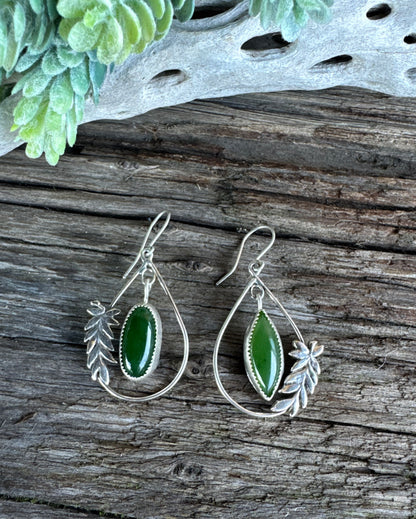 Forest Walk Earrings - Sterling Silver Fern Nephrite Jade