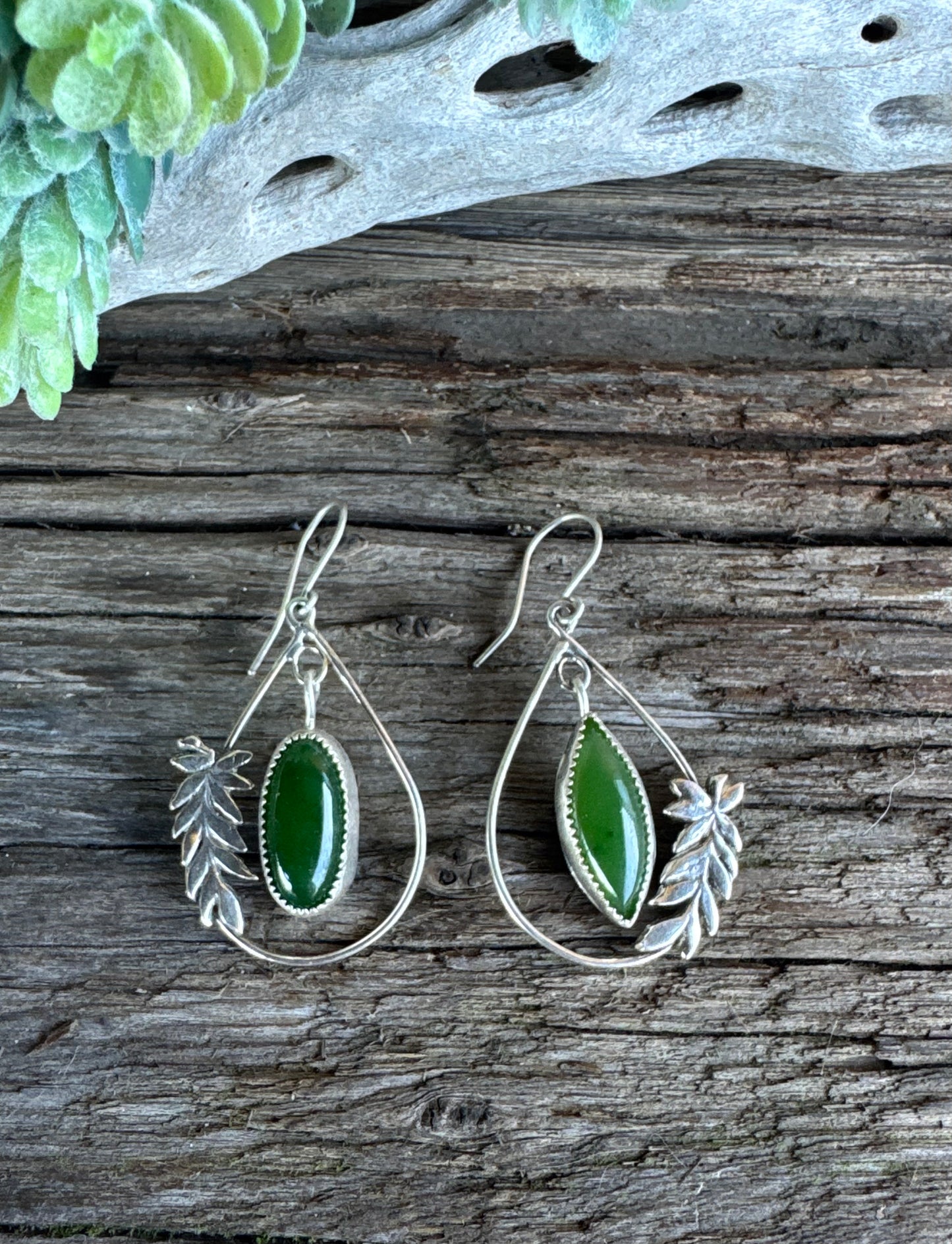 Forest Walk Earrings - Sterling Silver Fern Nephrite Jade