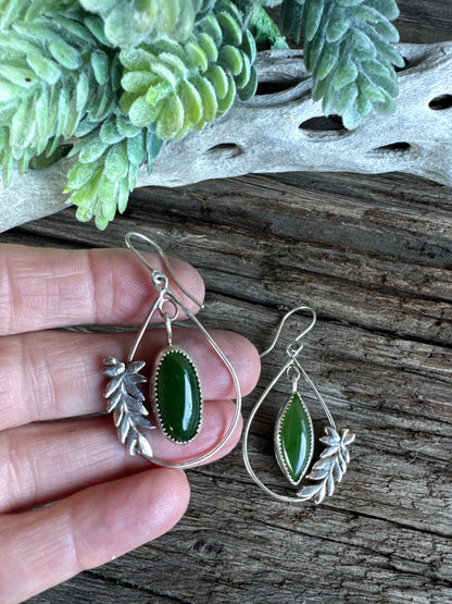 Forest Walk Earrings - Sterling Silver Fern Nephrite Jade