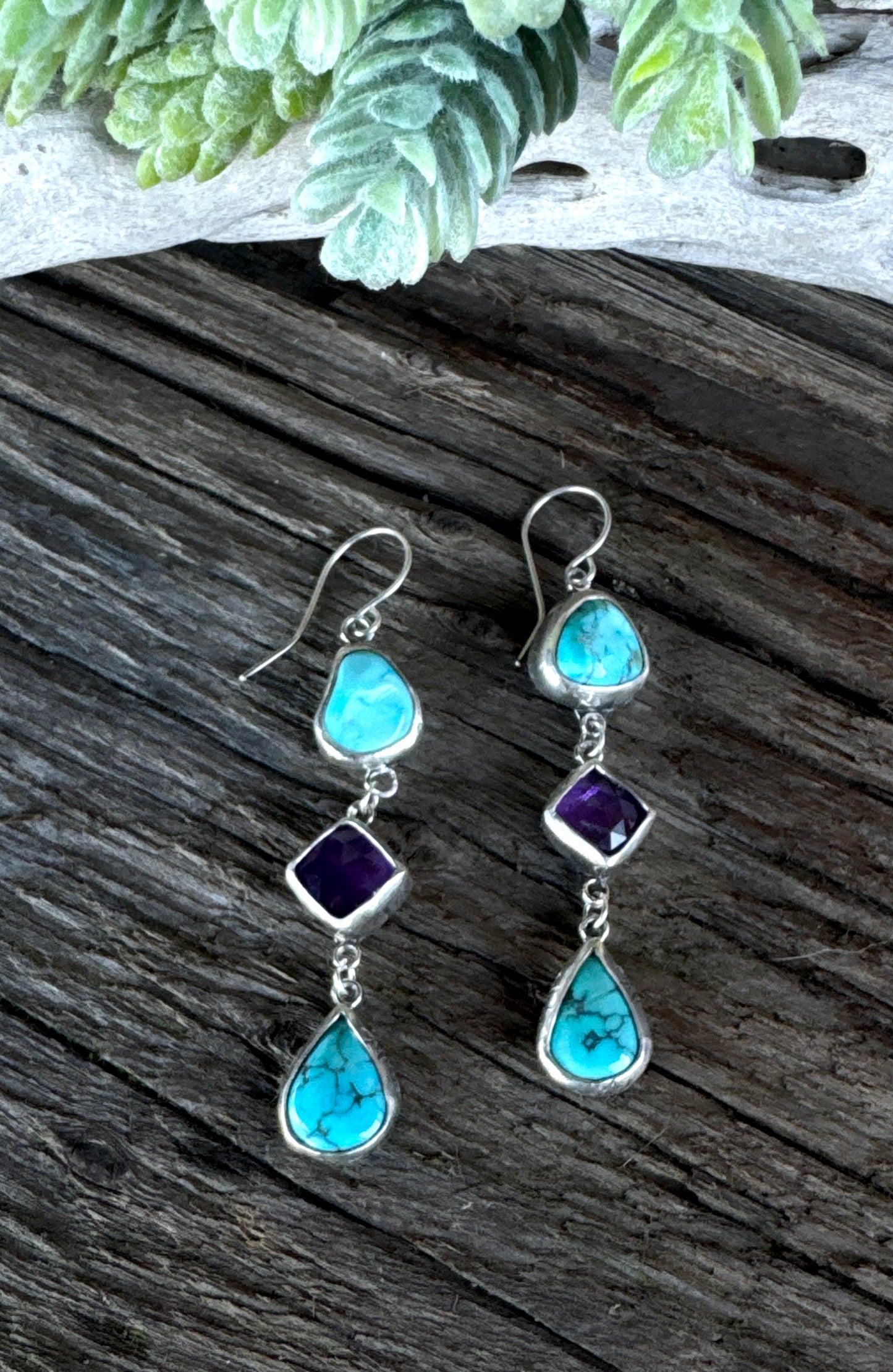 Desert Twilight Earrings - Sterling Silver Turquoise And Amethyst Triple Drop Earrings