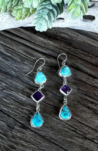 Desert Twilight Earrings - Sterling Silver Turquoise And Amethyst Triple Drop Earrings