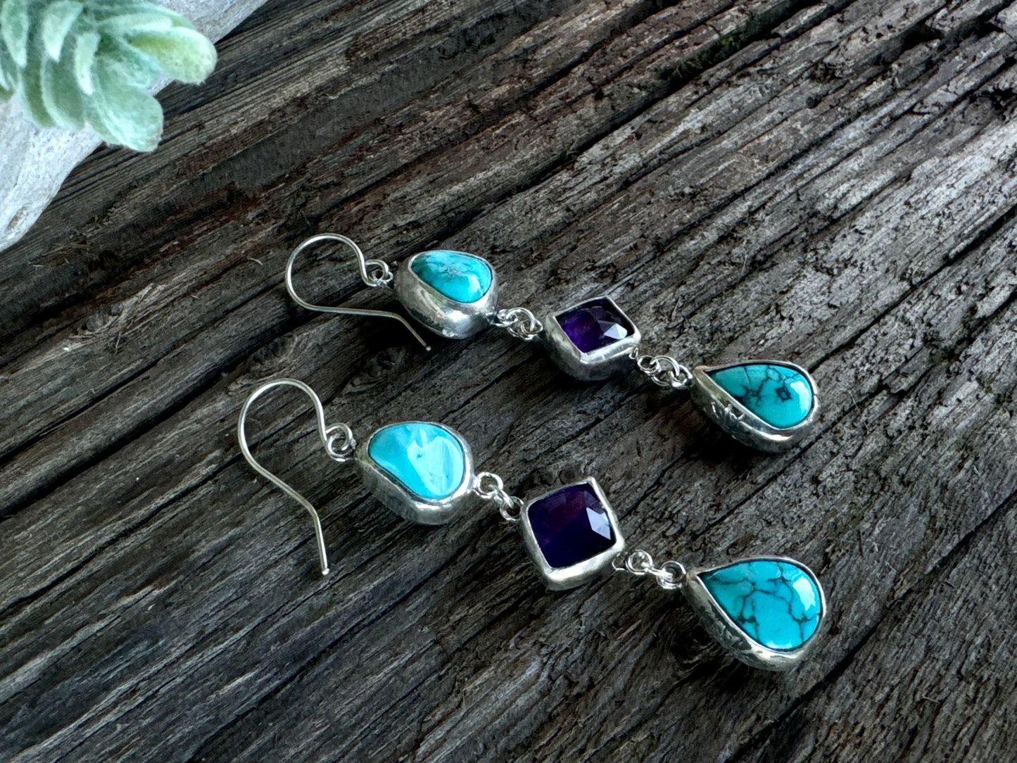 Desert Twilight Earrings - Sterling Silver Turquoise And Amethyst Triple Drop Earrings