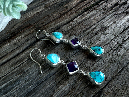 Desert Twilight Earrings - Sterling Silver Turquoise And Amethyst Triple Drop Earrings
