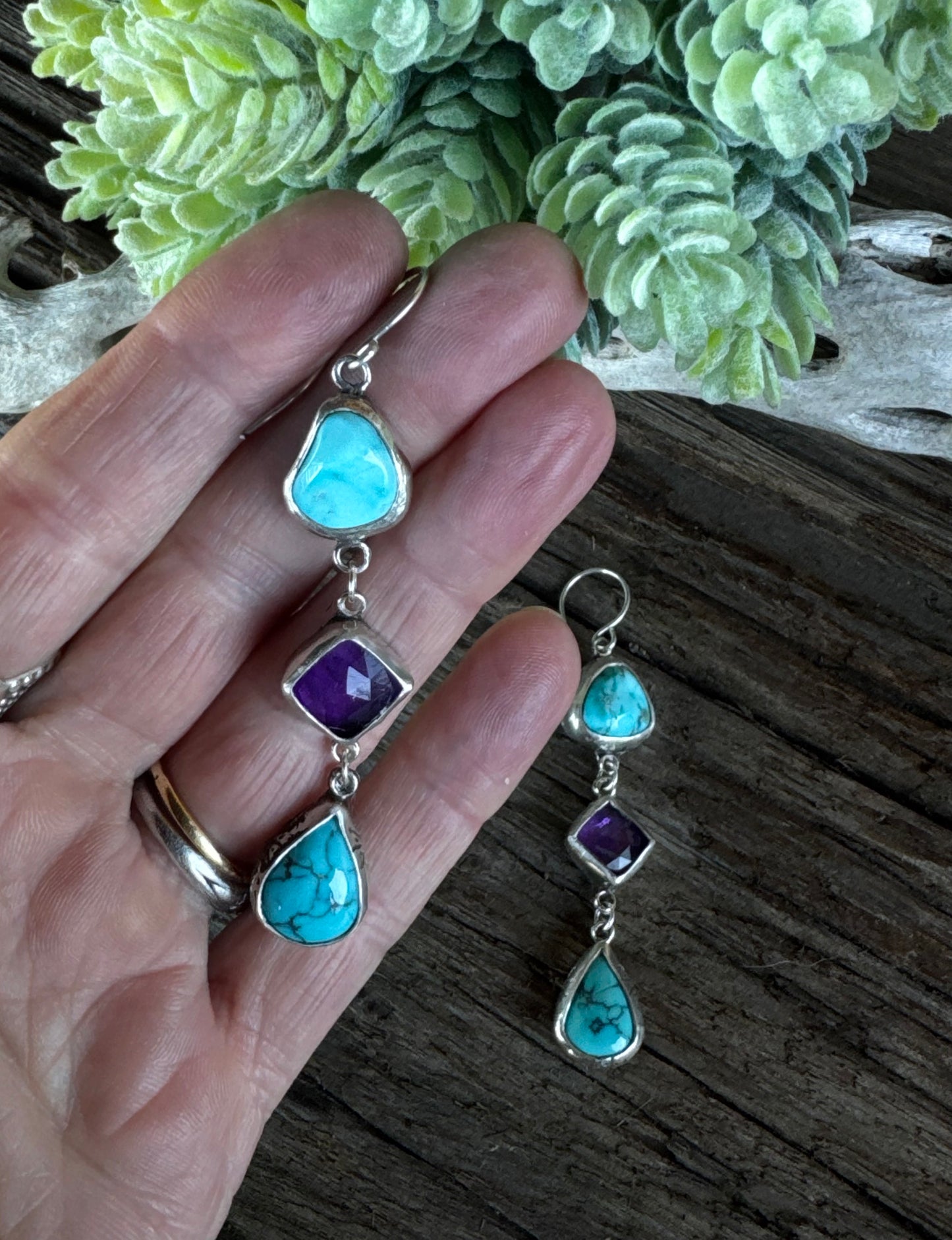 Desert Twilight Earrings - Sterling Silver Turquoise And Amethyst Triple Drop Earrings