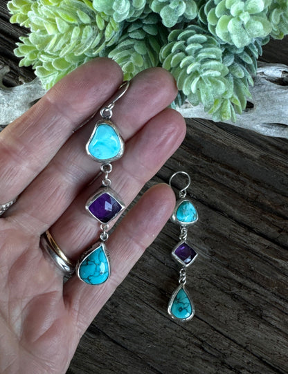 Desert Twilight Earrings - Sterling Silver Turquoise And Amethyst Triple Drop Earrings