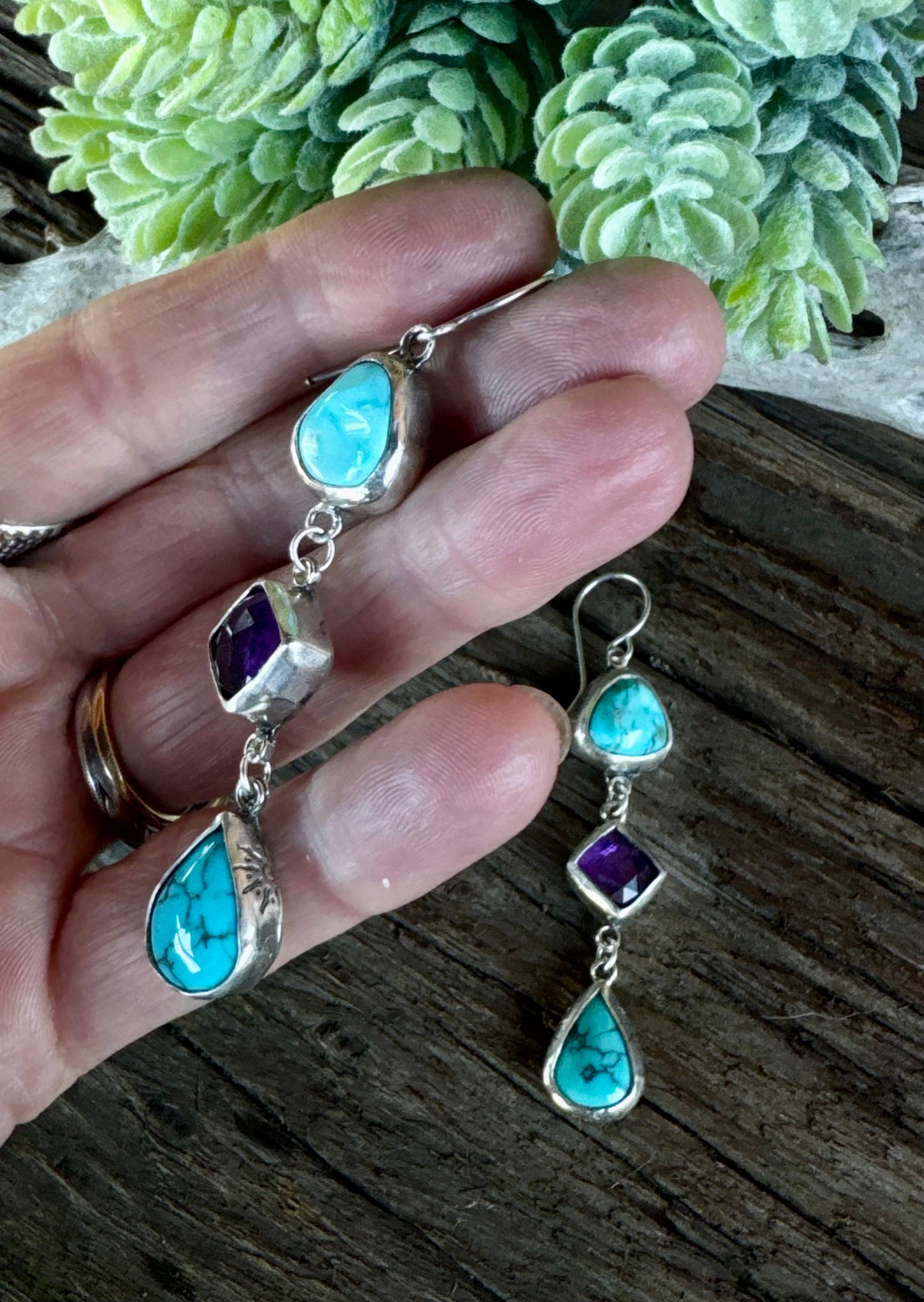 Desert Twilight Earrings - Sterling Silver Turquoise And Amethyst Triple Drop Earrings