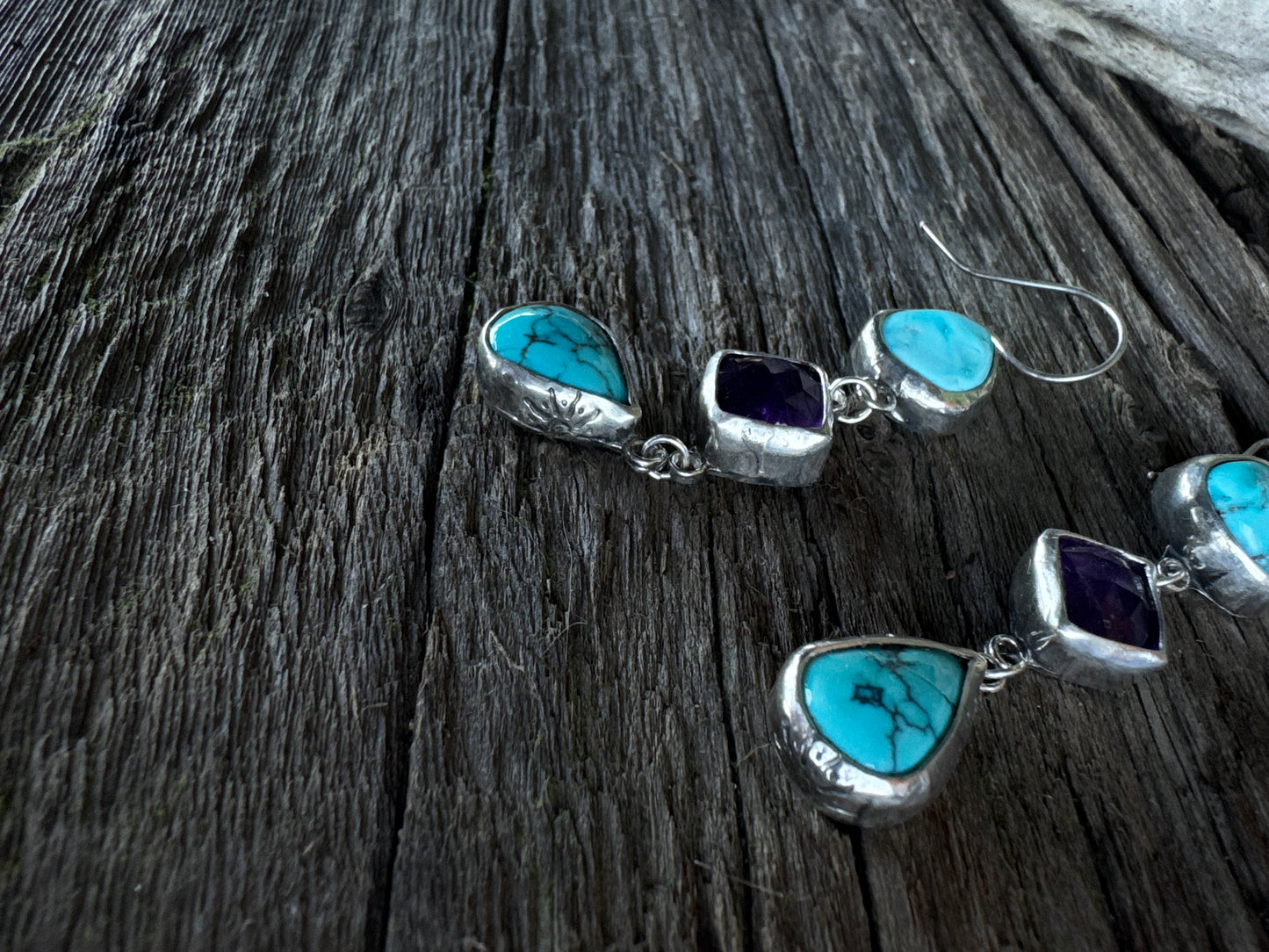 Desert Twilight Earrings - Sterling Silver Turquoise And Amethyst Triple Drop Earrings