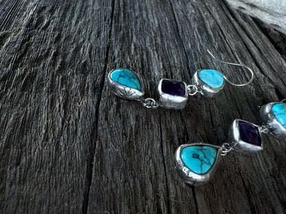Desert Twilight Earrings - Sterling Silver Turquoise And Amethyst Triple Drop Earrings