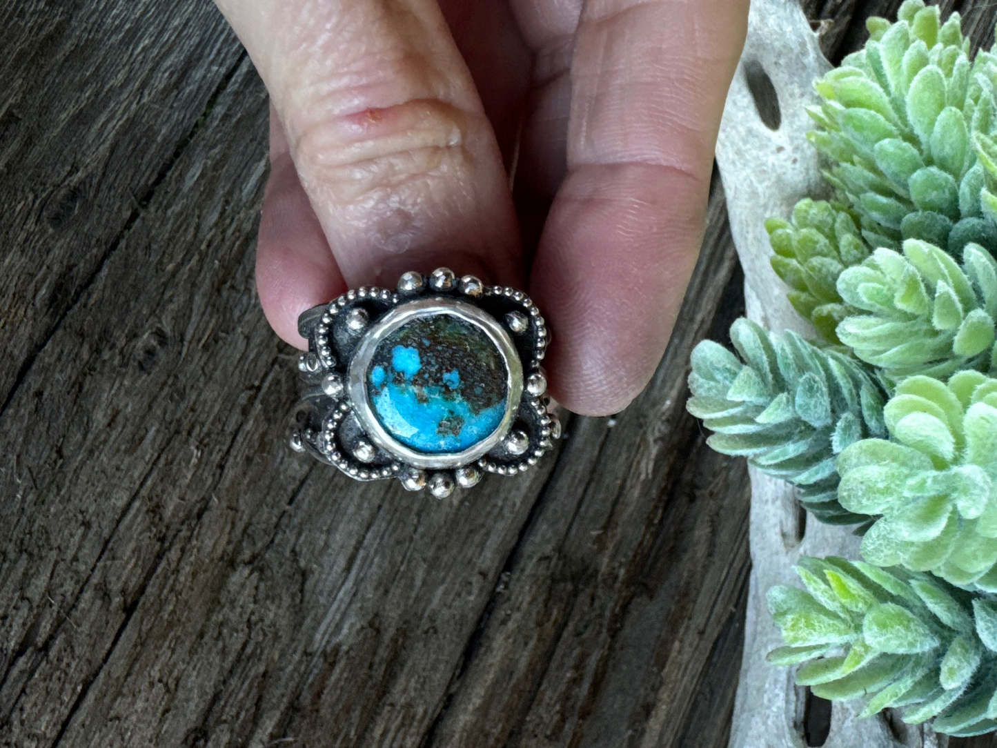 Desert Flower Ring - Kingman Turquoise And Sterling Silver Artisan Style