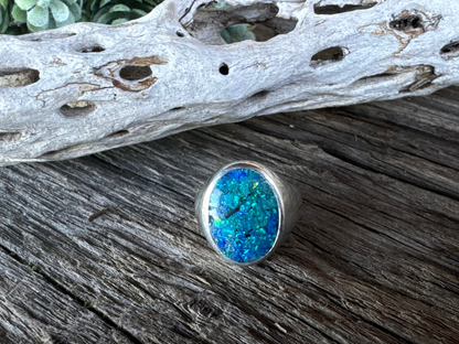 Neptunes Seal Signet Ring - Sterling Silver And Crushed Blue Opal Inlay