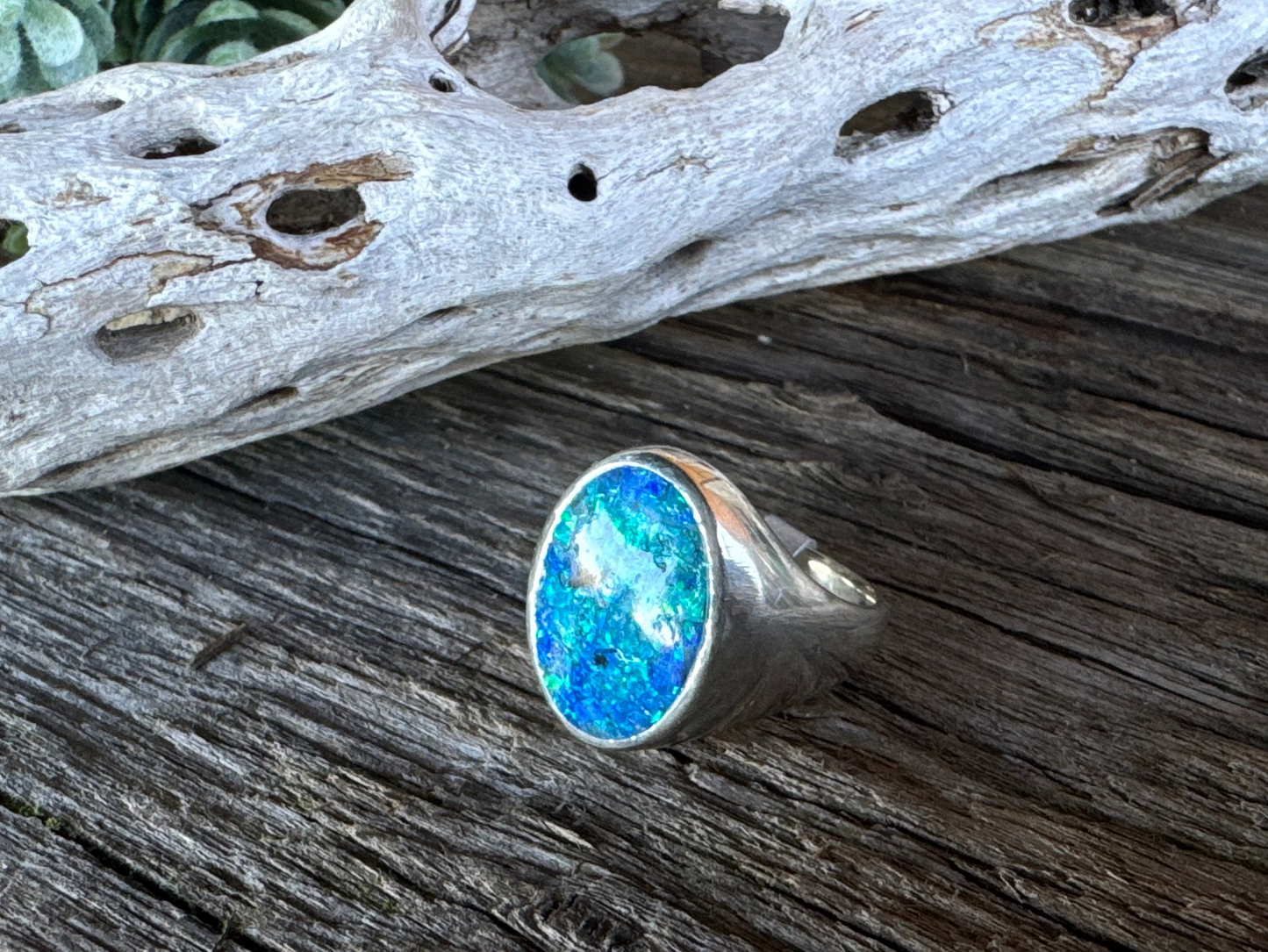 Neptunes Seal Signet Ring - Sterling Silver And Crushed Blue Opal Inlay