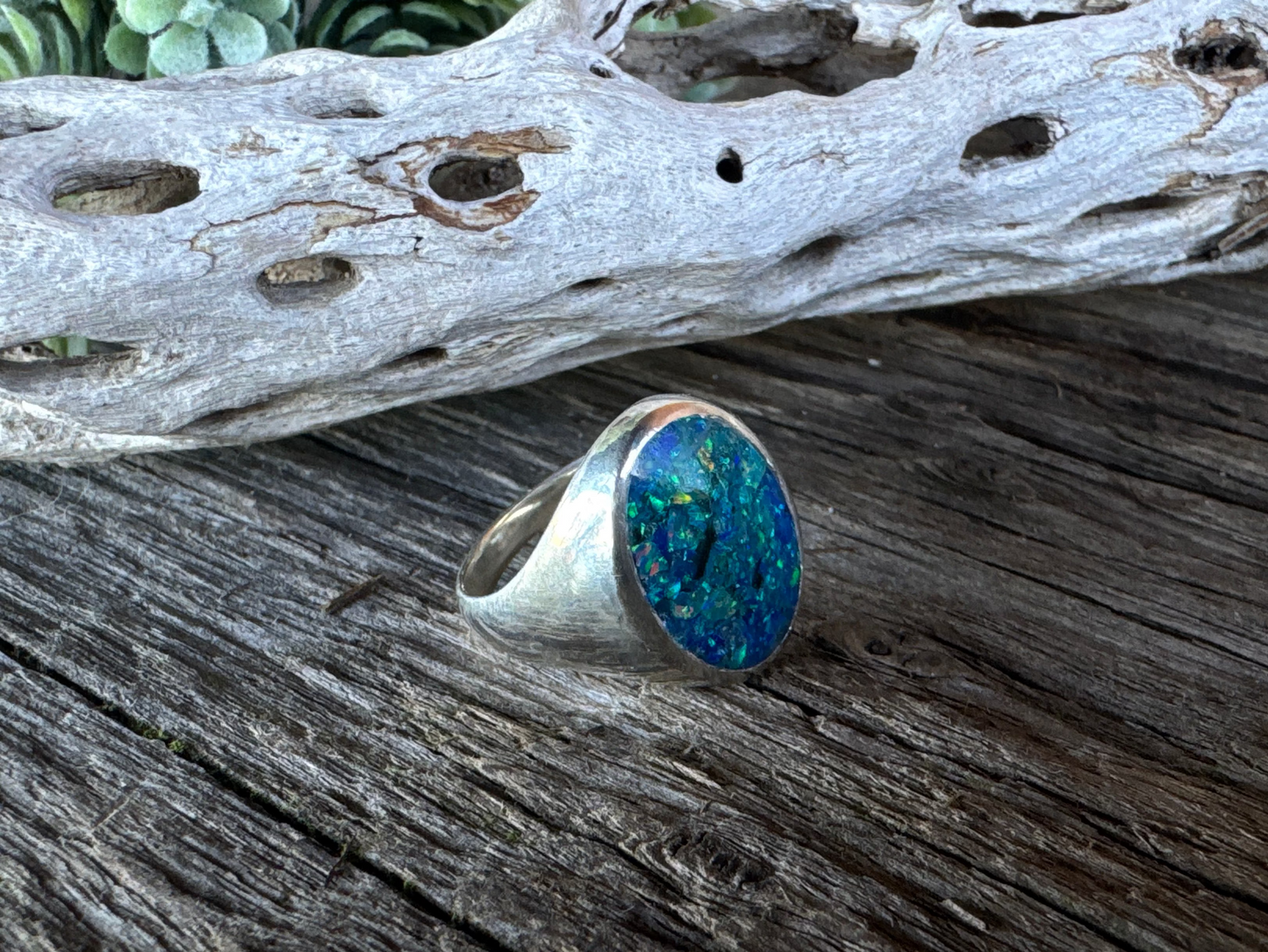 Neptunes Seal Signet Ring - Sterling Silver And Crushed Blue Opal Inlay