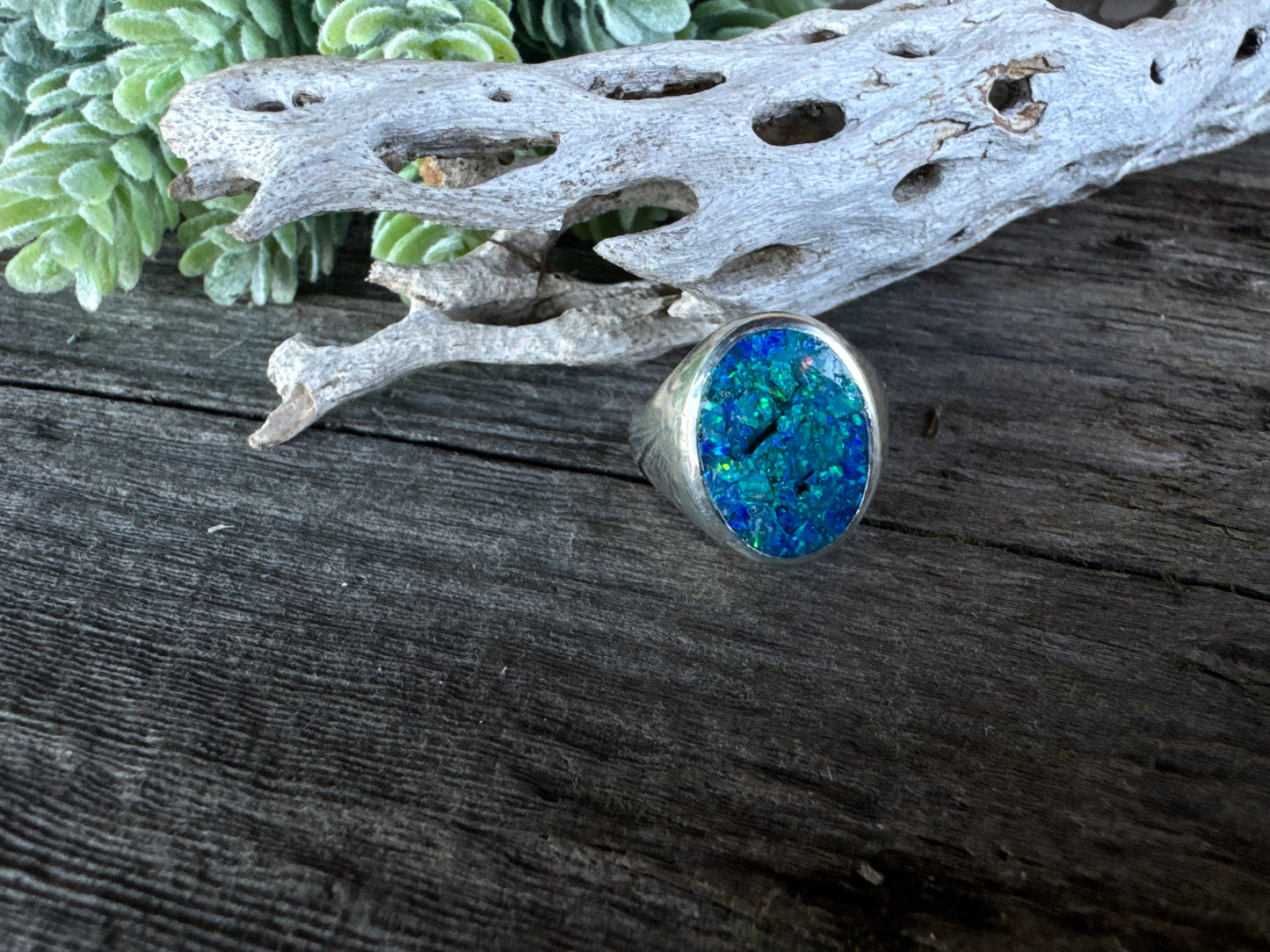 Neptunes Seal Signet Ring - Sterling Silver And Crushed Blue Opal Inlay